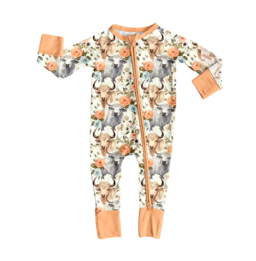 7.31 Preorder(moq 5)Baby Infant Boys Long Sleeves Flowers Highland Cows Zipper Rompers