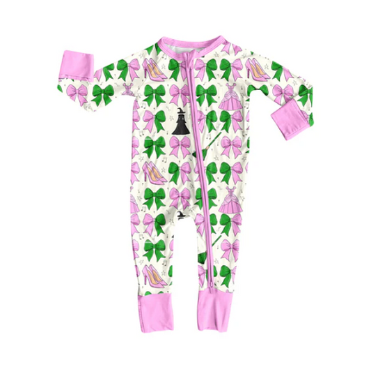 7.31 Preorder(moq 5)Baby Infant Boys Long Sleeves Pink Green Bows Magic Zipper Rompers