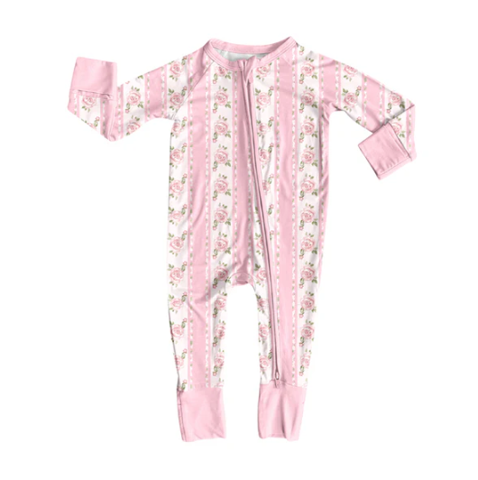 7.31 Preorder(moq 5)Baby Infant Girls Long Sleeves Pink Flowers Stripe Zipper Rompers