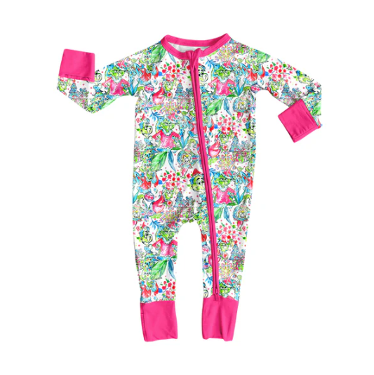 7.31 Preorder(moq 5)Baby Infant Boys Long Sleeves Floral Green Face Christmas Zipper Rompers