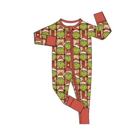 7.31 Preorder(moq 5)Baby Infant Boys Long Sleeves Green Face Plaid Christmas Zipper Rompers