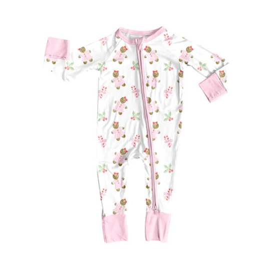 7.31  Preorder(moq 5)Baby Infant Girls Long Sleeves Candy Cane Gingerbread Christmas Zipper Rompers