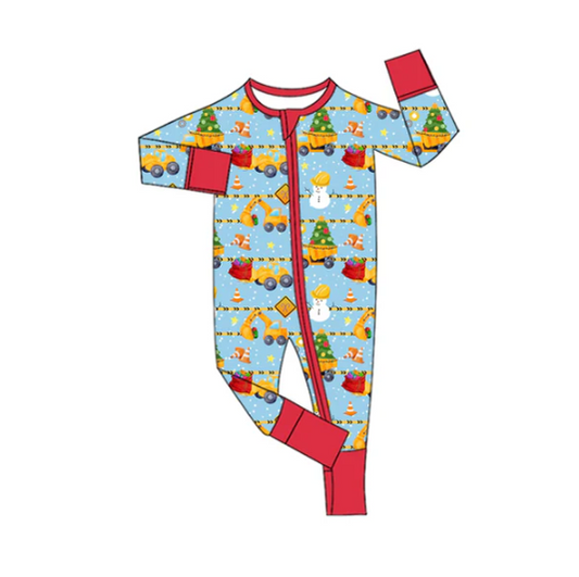 7.31 Preorder(moq 5)Baby Infant Boys Long Sleeves Christmas Trees Excavators Zipper Rompers
