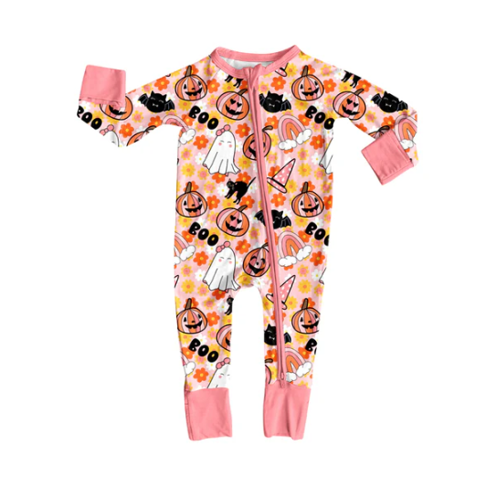 7.31 preorder(moq 5)Baby Infant Boys Long Sleeves Flowers Ghosts Halloween Zipper Rompers