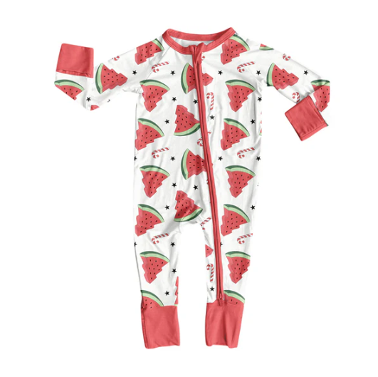 7.31 preorder(moq 5)Baby Infant Boys Long Sleeves Watermelon Candy Cane Christmas Zipper Rompers