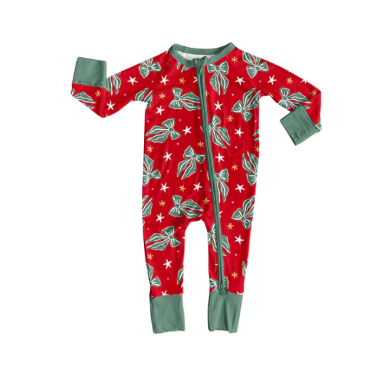 7.31 preorder(moq 5)Baby Infant Boys Long Sleeves Green Bows Christmas Zipper Rompers