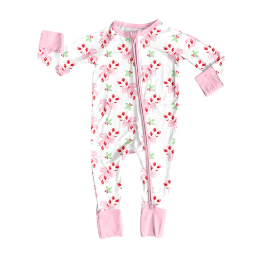 7.31 preorder(moq 5)Baby Infant Boys Long Sleeves Bows Candy Cane Christmas Zipper Rompers