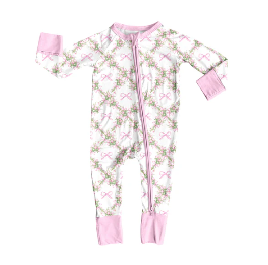 7.31 preorder(moq 5)Baby Infant Boys Long Sleeves Pink Bows Flowers Plaid Zipper Rompers