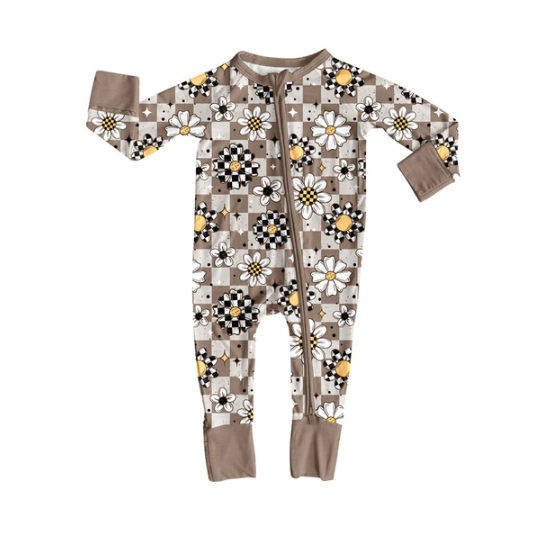 7.31 preorder(moq 5)Baby Infant Boys Long Sleeves Sun Flowers Plaid Zipper Rompers