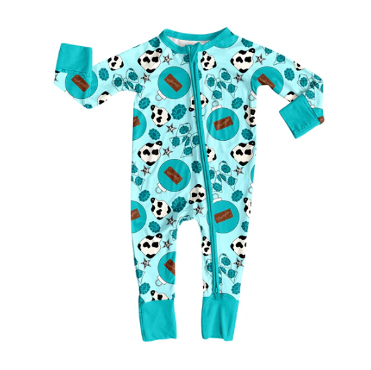 7.31 preorder(moq 5)Baby Infant Boys Long Sleeves Cow Print Turquoise Bows Zipper Rompers