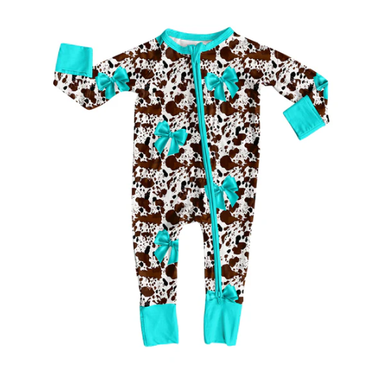 7.31 preorder(moq 5)Baby Infant Boys Long Sleeves Cow Print Bows Zipper Rompers