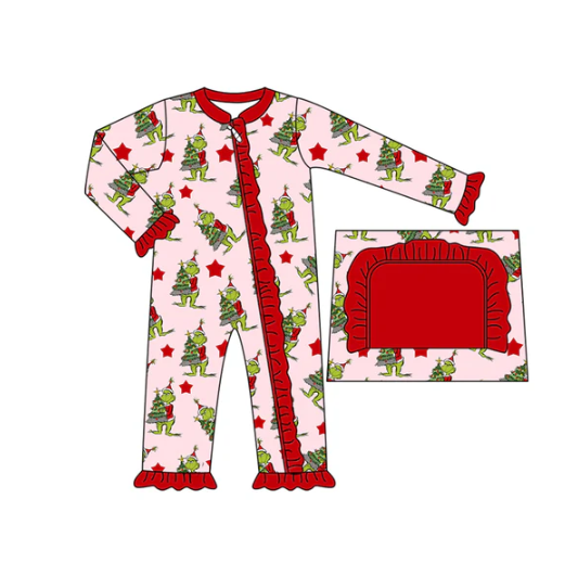 7.31 preorder(moq 5)Baby Infant Girls Christmas Trees Green Face Ruffle Zipper Rompers