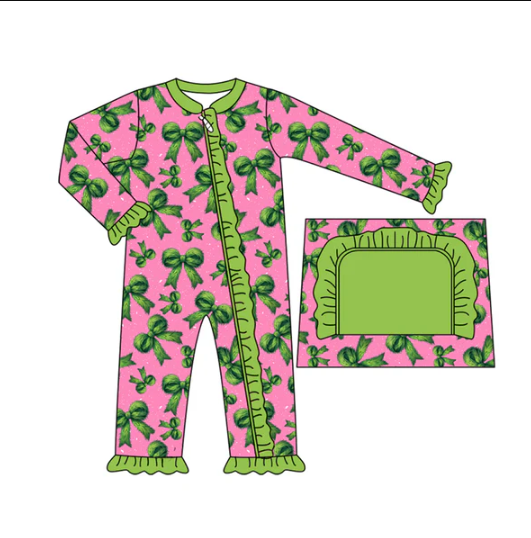 7.31 preorder(moq 5)Baby Infant Girls Green Bows Plaid Ruffle Christmas Zipper Rompers