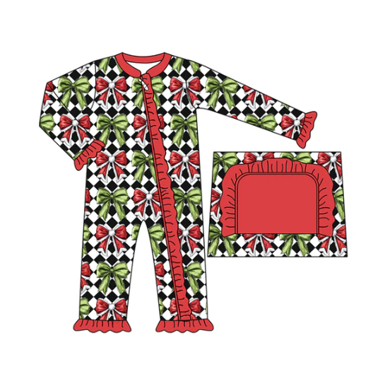 7.31 preorder(moq 5)Baby Infant Girls Green Red Bows Plaid Ruffle Christmas Zipper Rompers