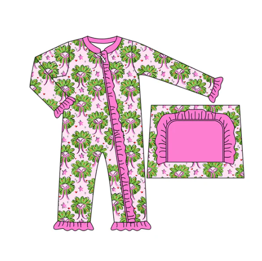 7.31 preorder(moq 5)Baby Infant Girls Pink Bows Holly Plaid Ruffle Christmas Zipper Rompers