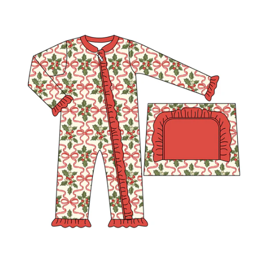 7.31 preorder(moq 5)Baby Infant Girls Red Bows Holly Plaid Ruffle Christmas Zipper Rompers