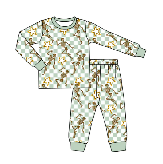 7.31 Preorder (moq 5)Baby Boys Aqua Plaid Skulls Stars Top Pants Halloween Pajamas Set