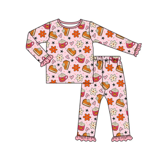 7.31 Preorder (moq 5)Baby Girls Pink Flowers Pie Plaid Top Pant Fall Pajamas Set