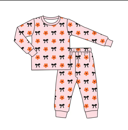 7.31 Preorder (moq 5)Baby Girls Pink Flowers Bows Plaid Top Pant Pajamas Set