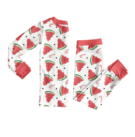 7.31 Preorder (moq 5)Baby Girls Watermelon Candy Cane Top Pant Christmas Pajamas Set