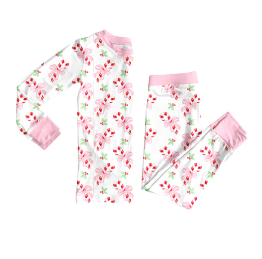 7.31  Preorder (moq 5)Baby Girls Bows Candy Cane Plaid Top Pant Christmas Pajamas Set