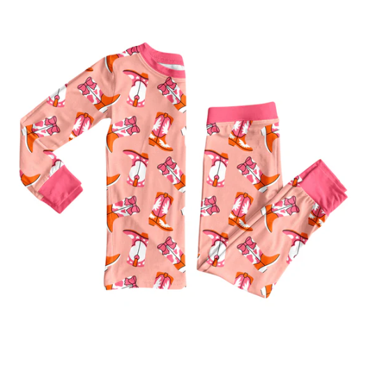 7.31 Preorder (moq 5)Baby Girls Pink Boots Plaid Top Pant Pajamas Set