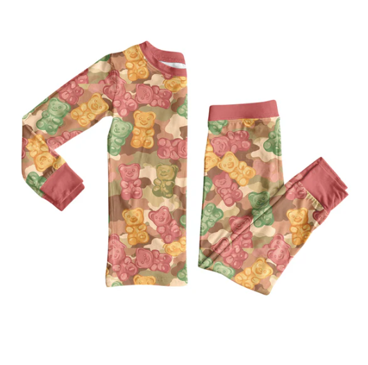 7.31 Preorder (moq 5)Baby Girls Camo Print Bear Candy Top Pant Pajamas Set