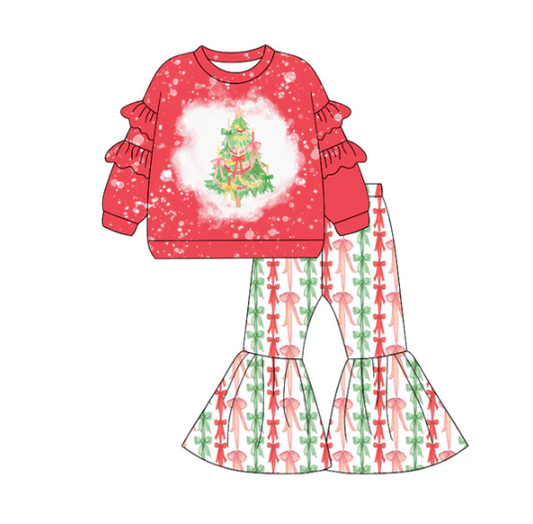 7.31 Preorder (moq 5)Baby Girls Christmas Tree Bows Top Bell Bottom Pants Set