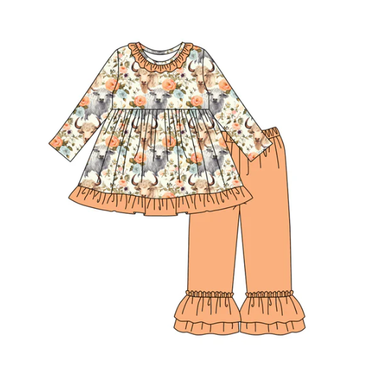 7.31 Preorder (moq 5)Baby Girls Highland Cows Floral Tunic Ruffle Pants Set