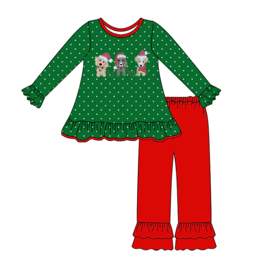 7.31 Preorder (moq 5)Baby Girls Dogs Light Polka Dots Tunic Ruffle Pants Christmas Set