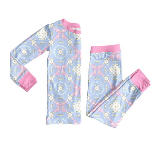 7.31 Preorder (moq 5)Baby Girls Light Blue Flower Bows Top Pants Pajamas Set