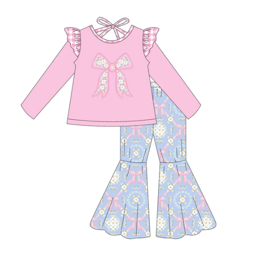 7.31 Preorder (moq 5)Baby Girls Flower Bows Top Bell Bottom Pants Clothes Set