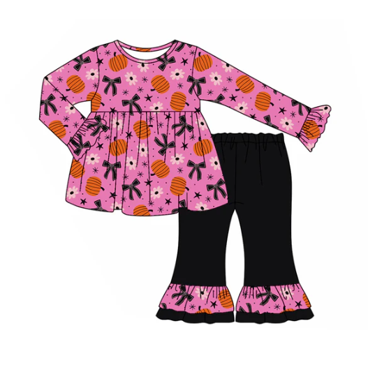 7.31 Preorder (moq 5)Baby Girls Bows Pumpkins Plaid Tunic Ruffle Pants Fall Set