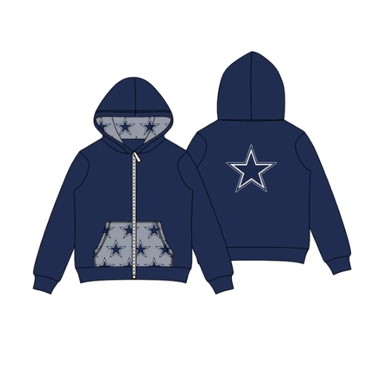 8.1 Preorder (moq 5)Baby Boys Hot Blue Stars Team Pocket Zipper Hoodies Tops