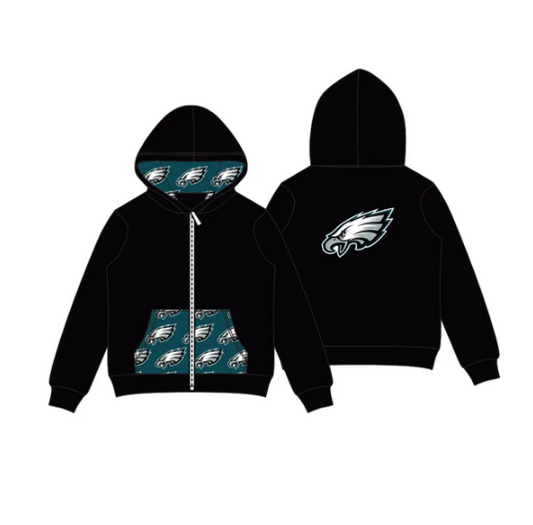 8.1 Preorder (moq 5)Baby Boys Black Eagles Team Pocket Zipper Hoodies Tops