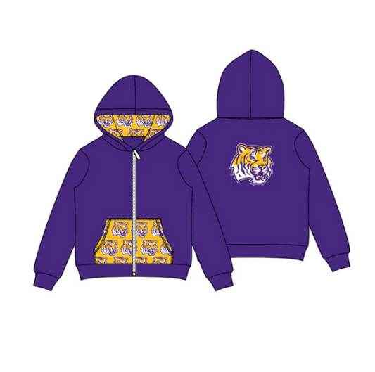 8.1 Preorder (moq 5)Baby Boys Purple Tigers Team Pocket Zipper Hoodies Tops