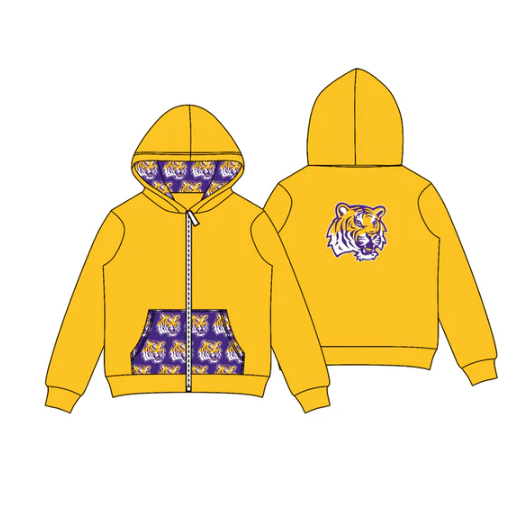 8.1 Preorder (moq 5)Baby Boys Yellow Tigers Team Pocket Zipper Hoodies Tops