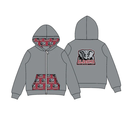 8.1 Preorder (moq 5)Baby Boys Gray Alabama Elephants Team Pocket Zipper Hoodies Tops