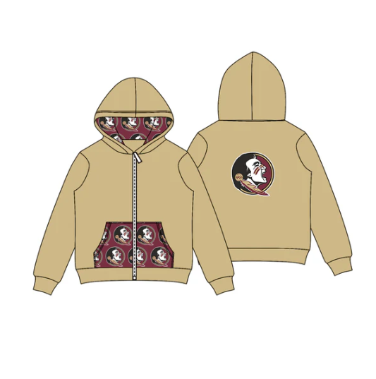 8.1 Preorder (moq 5)Baby Boys Khaki FSU Team Pocket Zipper Hoodies Tops