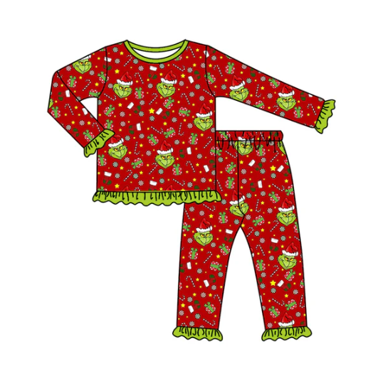 8.1 Preorder (moq 5)Baby Girls Green Face Candy Cane Top Pants Christmas Pajamas Set