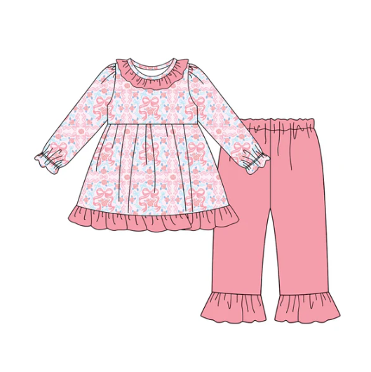 8.1 Preorder (moq 5)Baby Girls Pink Bows Floral Plaid Tunic Ruffle Pants Set