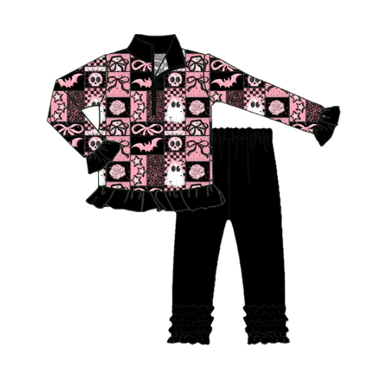 8.1 Preorder (moq 5)Baby Girls Ghost Bows Plaid Zipper Pullover Legging Pant Halloween Set