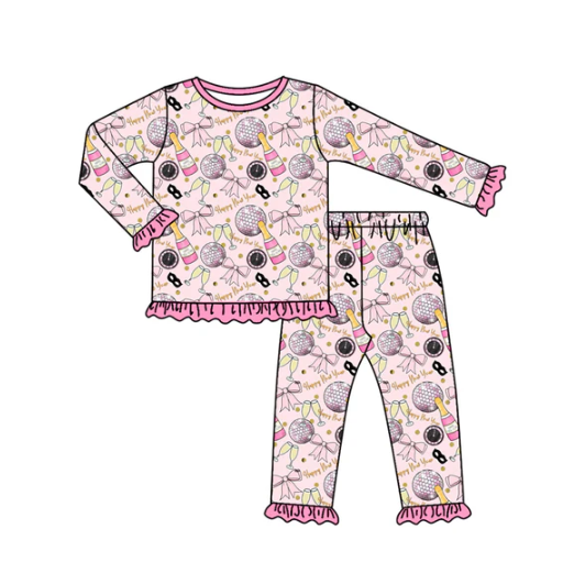 8.1 Preorder (moq 5)Baby Girls Happy New Year Top Ruffle Pant Pajamas Set