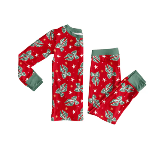 8.1 Preorder (moq 5)Baby Girls Green Bows Plaid Top Pant Christmas Pajamas Set
