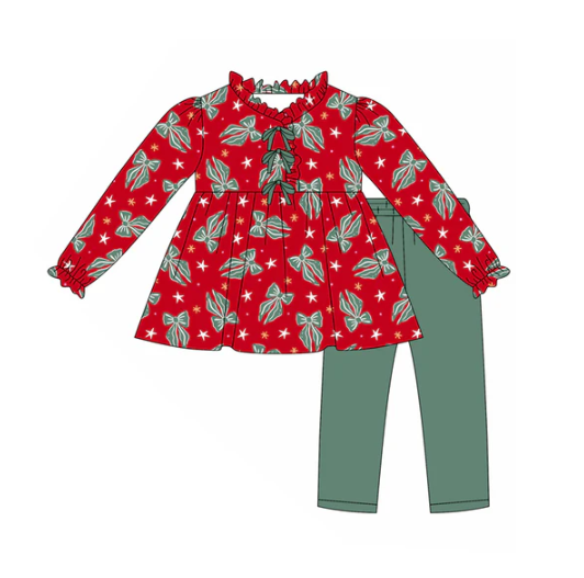 8.1 Preorder (moq 5)Baby Girls Green Bows Plaid Tunic Legging Pant Christmas Set