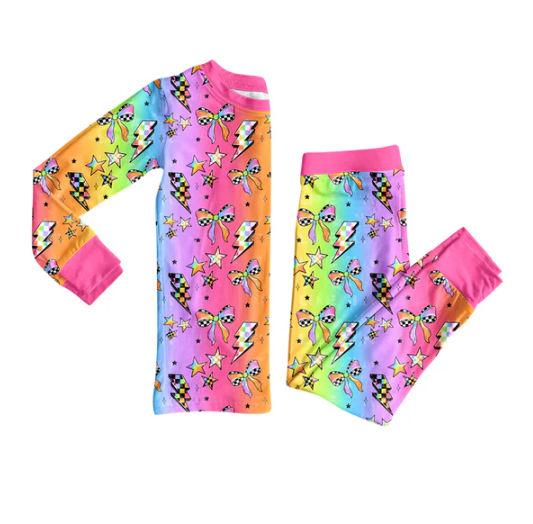 8.1 Preorder (moq 5)Baby Girls Colorful Bows Lights Plaid Top Pant Pajamas Set