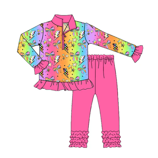 8.1 Preorder (moq 5)Baby Girls Colorful Bows Lights Zipper Pullover Legging Pant Set
