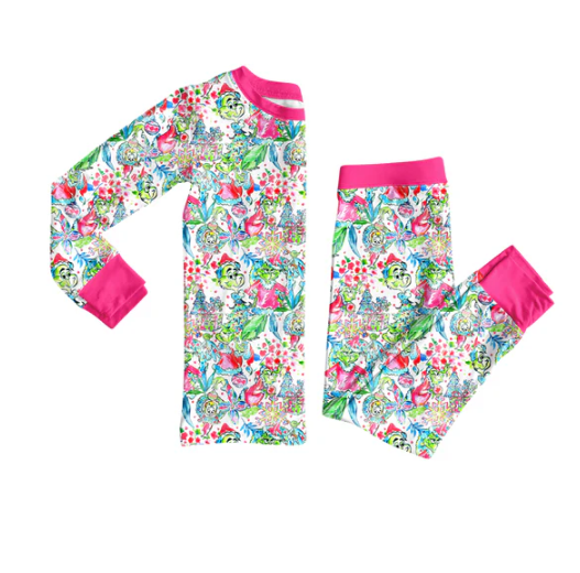 8.1 Preorder (moq 5)Baby Girls Green Face Floral Top Pants Christmas Pajamas Set