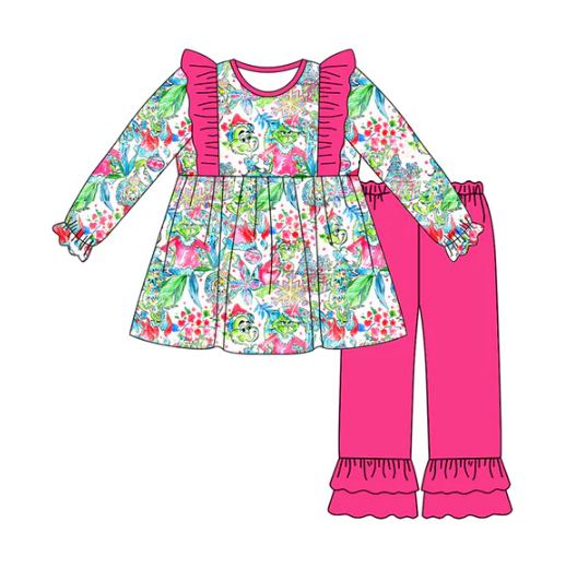 8.1 Preorder (moq 5)Baby Girls Green Face Floral Tunic Ruffle Pants Christmas Set
