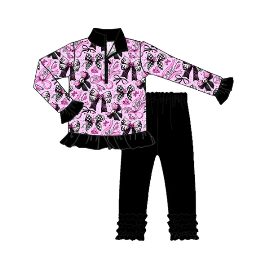 8.1 Preorder (moq 5)Baby Girls Skull Bows Plaid Zipper Pullovers Legging Pants Halloween Set